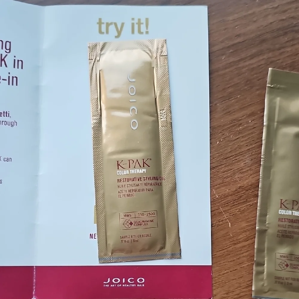 Joico K-Pak Color Therapy Styling Oil - 2 Sample Packets With Info Card